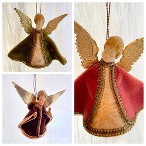 3 Vintage KOESTEL Wax Head Angels Foil Wings Velvet Christmas Ornaments 4"